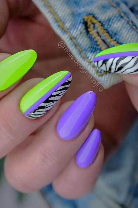 Click on image for buy nail ❤️❤️❤️ Bright Zebra Nails, Summer Nails Fun Bright, Bright Nails For Spring, Neon Zebra Nails, Funky Gel Nail Designs, Summer Nails Designs 2024, Fun Summer Nails 2023, Funky Nail Ideas Fun, Fun Bright Nail Designs