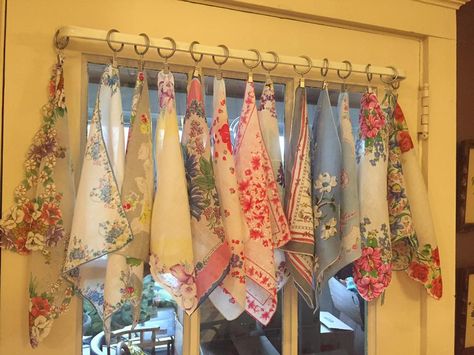 Scarf Curtains, Vintage Handkerchiefs Crafts, Handkerchief Crafts, Antique Booth Displays, Vintage Display, Vintage Handkerchiefs, Curtain Designs, Diy Curtains, Dream House Decor