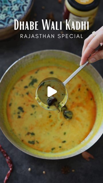 Malvika Hada Kumar | Recipe Developer on Instagram: "Dhabe Wali Kadhi 😍🫕- This one is my favourite and a must order, whenever we stopped at a road side dhaba in Rajasthan during our road trips. Its spicy, tangy and a little thinner than the Punjabi version. Also perfect to make for summers, when you want something light, tasty and comforting.🫰🏻  Ingredients - 1 tbsp oil 1/2 tsp Mustard seeds  1 tsp Cumin seeds 1/2 tsp Methi seeds 4-5 Black peppercorns  2-3 Dry red chillies  1 tsp Coriander seeds 2 medium Onions, thinly sliced  3/4 tsp Turmeric powder  1 tsp Coriander powder  1/4 tsp Hing/asafoetida  1 tbsp Garlic green chilli paste 1 cup Yogurt 2 tbsp Besan/Gram flour Salt, to taste Water, as required  2 tbsp Coriander leaves, finely chopped  For tadka - 1 tbsp Ghee 1 tsp Kashmiri red Punjabi Kadhi Recipe, Kadhi Recipe, Recipe Developer, Methi Seeds, Punjabi Food, Chilli Paste, Cumin Seeds, Gram Flour, Mustard Seeds