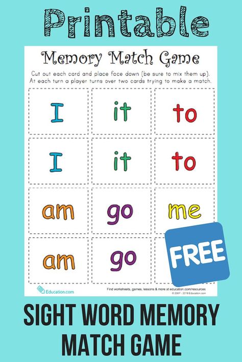 Download this free printable Sight Word Memory Match game to play with your child. #literacy #learningtoread #reading #sightwords #learninggames #freeprintables #printables #educationdotcom Kg2 Worksheets, Tutoring Ideas, Prek Activities, Preschool Sight Words, Printable Things, Word Skills, Sight Word Sentences, Sight Words Printables, Teaching Sight Words