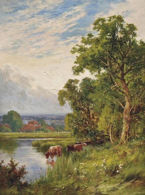 Henry H. Parker (1858-1930) | Evening on the Stour, Harlow, Essex | Paintings, oil | Christie's Countryside Paintings Landscapes, G Harvey Paintings, Pastoral Paintings, Victorian Landscape Paintings, John Constable Watercolour, 18th Century Landscape Paintings, English Paintings 19th Century, Red Veil, Vintage Countryside Painting