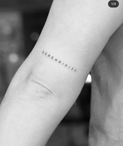 Fine Line Tattoo Arm, Tattoo Sentences, Serendipity Tattoo, Herz Tattoo Klein, Line Tattoo Arm, Tattoo Avant Bras, Above Elbow Tattoo, Tattoo Word Fonts, Line Tattoo Ideas