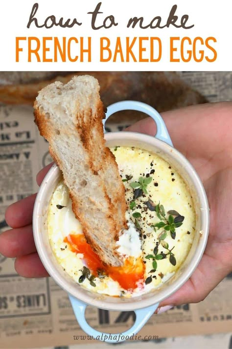 French baked eggs in the oven (shirred eggs/ oeuf en cocotte) combine eggs in a ramekin with cream and cheese for a hearty breakfast/brunch! Basil Eggs Breakfast, French Baked Eggs, Ramekin Breakfast, Eggs In The Oven, Shirred Eggs, Ramekin Recipe, Cocotte Recipe, Eggs In Oven, Breakfast Recipies