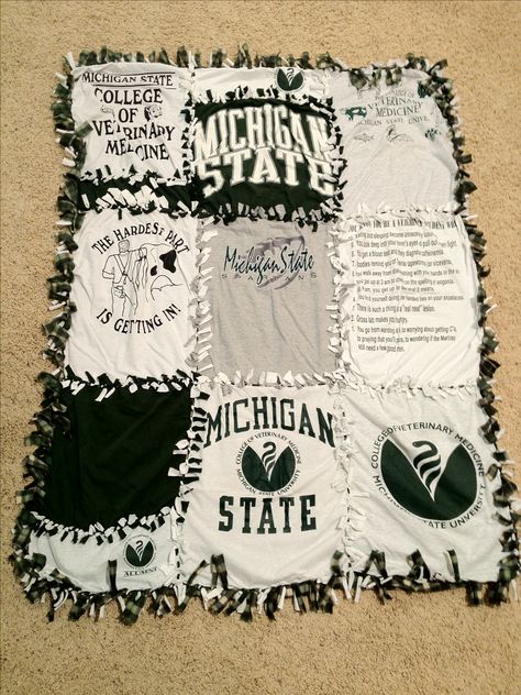 I made this blanket with my old MSU T shirts. It's all tied together so there was no sewing. Go Green! School Shirt Blanket, T Shirt Tie Blanket, Blanket Out Of Old Shirts, Old T Shirts Repurpose, Things To Do With Old T Shirts, Tie Blanket Ideas, T Shirt Crafts, Repurposed Shirts, Sew T Shirt