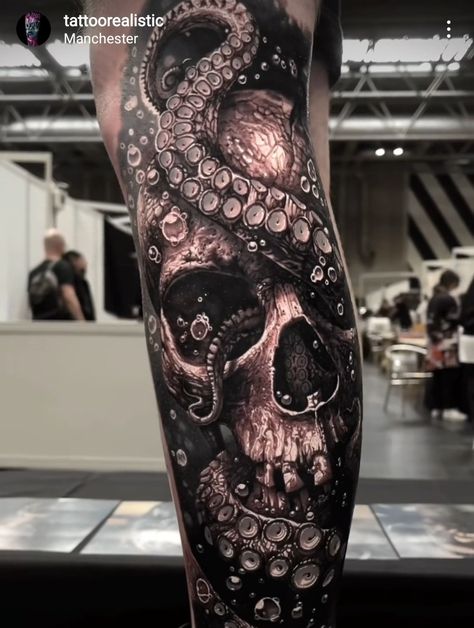 Kraken Leg Sleeve, Octopus Skull Tattoo Design, Octopus Hand Tattoos For Guys, Kraken Leg Tattoo, Black And Grey Octopus Tattoo, Pirate Ship Tattoo Women, Underwater Leg Sleeve, Nautical Chest Tattoo, Kracken Tattoos