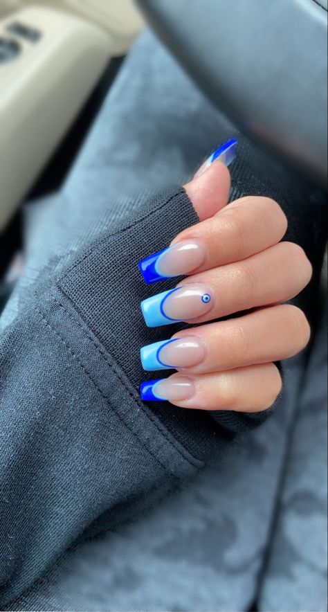 nails evil eye blue light blue royal blue Square Nails Blue French, Blue French Tip With Evil Eye, Electric Blue French Tip Nails, Blue Evil Eye Nails Square, Blue Evil Eye Nails, 1.5 Blue French Tip, French Bleu, Evil Eye Nails, Cruise Nails