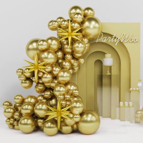 PRICES MAY VARY. 130 PCS METALLIC GOLD BALLOONS DIFFERENT SIZES: Package includes 22 inch foil star balloons (3 pcs), 18 inch balloons (3 pcs), 12 inch balloons (30 pcs), 10 inch balloons (35 pcs), 5 inch balloons (60 pcs), balloon decorating strip included. Due to the special shape of star balloons, they cannot float when filled with helium. It is recommended to fill them with air NON-TOXIC & SAFE: Made of latex, safe and non-toxic, recommended to use with a balloon hand pump or electric balloo Gold Event Decor, Gold Balloons Decorations, Golden Party, Star Balloons, Grandpa Birthday, Paper Streamers, Silver Balloon, Prom Theme, Metallic Balloons