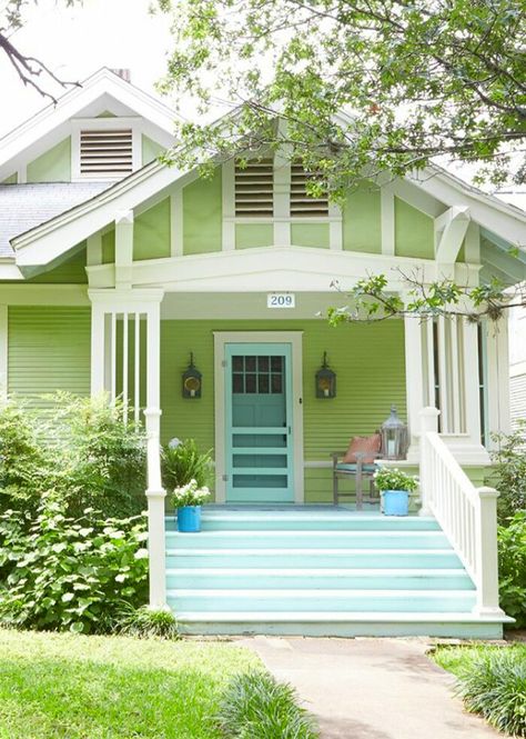 Mint Green Siding House, Light Green Cottage Exterior, Quirky Home Exterior, Bright Green House Exterior, Colorful Houses Exterior, Light Green House Exterior, Pastel House Exterior, Green Colored House, Colorful Home Exterior