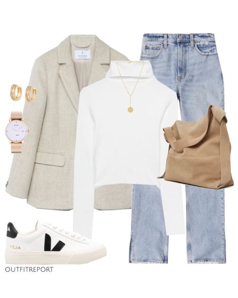 Athletic Pants Outfit, Turtle Neck Outfit, 2023 Wardrobe, Trendy Work Outfit, Suede Tote Bag, Jumper Style, White Jumper, Beige Blazer, Suede Tote