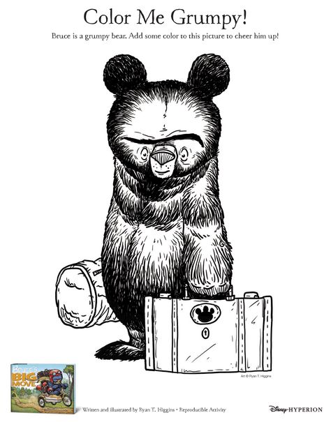 Bruce’s Big Move by Ryan T. Higgins + Coloring Sheet  #coloringsheet #books #kids Camping Coloring Pages, Toddler Coloring Book, Library Activities, Bear Coloring Pages, Big Move, Bear Crafts, Bear Theme, Detailed Drawings, Toddler Books