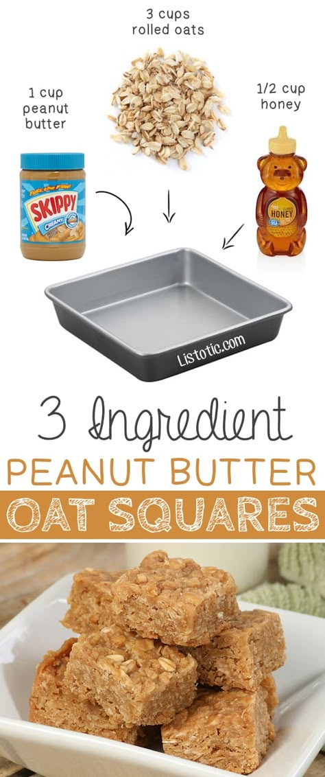 3 Ingredient Peanut Butter Oat Squares. These are so GOOD and easy (no-bake)! | 6 Ridiculously Healthy Three Ingredient Treats #easybreakfastideas Oat Squares, Peanut Butter Squares, Peanut Butter Oat, Simple Treats, Peanut Butter Oats, Peanut Butter Honey, Healthy Sweets Recipes, Protein Snacks, 3 Ingredient