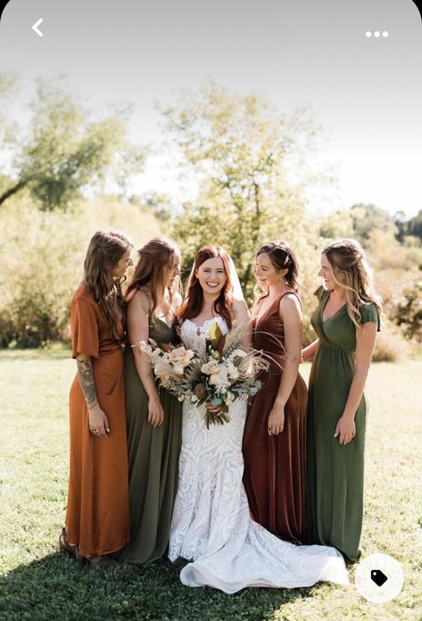 Fall Wedding Color Palette Bridesmaid Dress, Earth Tone Wedding Bridesmaid, Earthy Color Bridesmaid Dresses, Fall Boho Wedding Bridesmaid Dresses, Rust And Olive Bridesmaid Dresses, Green Boho Bridesmaid Dress, Fall Palette Bridesmaid Dresses, Different Color Bridesmaid Dresses Boho, Different Color And Style Bridesmaid Dresses