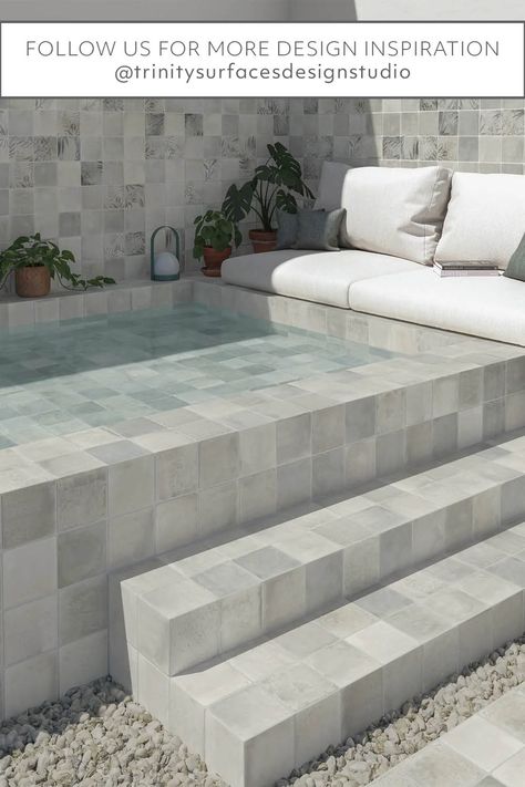 How beautiful is Aqua Collection in Gray from the Wow Wellness series😍Whether you use this designer pool tile for a part of a pool or for the entire space, it's one of the top option we recommend. Mother Of Pearl Pool Tile, Gray Tile, Outdoor Kitchen Bars, Mosaic Pool, Grey Tiles, Summer Pool, Going Gray, Pool Tile, Pool Decks