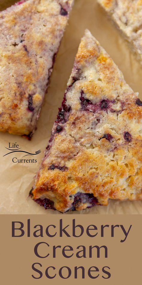 a Blackberry Cream scone on parchment paper, title on bottom of image. Blackberry Recipes Savory, Cheese Scones Recipe Easy, Blackberry Breakfast Recipes, Best Scones Recipe Ever, Blackberry Scones Recipe, Moist Scones, Blackberry Scones, The Best Scones, Cream Scones Recipe