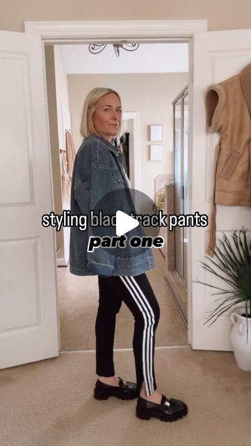 Amy Louise Baum | Elevated Casual | Style Over 40 on Instagram: "by request: styling black track pants 🖤

decided to turn this into a little series so here’s part one 🙌🏻

paired some unexpected pieces to “elevate” these track pants ~

a button down
a wrap belt
loafers
beaded bag
top it off with a denim jacket which plays into the casual vibe 

what do you think? part two coming soon✌🏻 

casual outfits | casual style | elevated casual | style over 40 | mom style | what to wear | style tips | outfit inspo | transitional style | transitional outfits | spring trends | track pants | wrap belt | adidas track pants |
—
💌 Share this with a friend. 
↘️ Save for later. 
❤️ Follow for more elevated casual outfit inspo and style tips." Adidas Track Pants Outfit Woman, Adidas Track Pants Outfit, Elevated Casual Outfit, Adidas Pants Outfit, Track Pants Outfit, Transitional Outfits, Black Track Pants, Elevated Casual, Blogger Inspiration