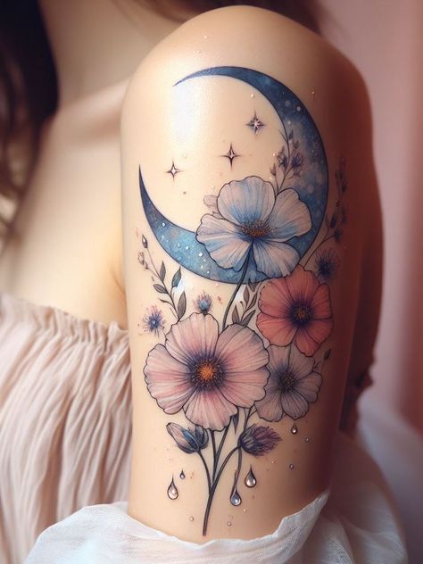 Floral tattoos that bloom with creativity. Elegant, timeless, and always stylish! Flowers And Moon Tattoo, Moon And Flowers Tattoo Design, Moonflower Tattoo, Minimalist Floral Tattoo, Floral Tattoo Ideas, Tattoo Process, Floral Tattoos, Unique Bouquet, Modern Tattoos