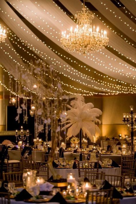 gatsby party, feathers, white sheers, and lights. Vegas Prom, Ranch Party, Great Gatsby Prom, Gatsby Party Decorations, 20s Wedding, Great Gatsby Theme, Prom Themes, 1920s Party, Feather Centerpieces