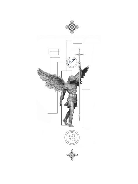 Arch Angel Tattoo Men, Arch Angel Gabriel Tattoos, Christian Concept Tattoo, Micheal Arc Angel Tattoo, Arch Angel Michael Tattoo For Women, Daedalus Tattoo, St Micheal Arch Angel Tattoo, St Michael Drawing, Dwight Tattoo