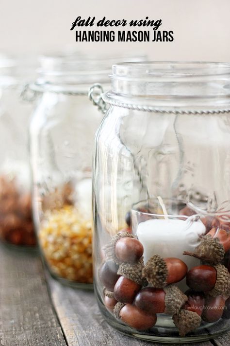 Inexpensive Pottery Barn Hack!  Using hanging mason jars and fillers, you can create fabulous fall decor in minutes! #masonjars #diy Thanksgiving Mason Jar, Pottery Barn Hacks, Fall Mason Jar Crafts, Fall Mason Jars, Mason Jar Projects, Hanging Mason Jars, Pottery Barn Inspired, Fabulous Diy, Thanksgiving Diy