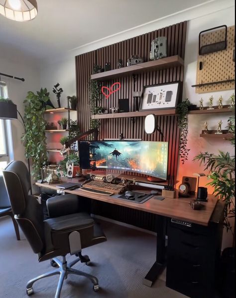 Coffee Office, Wood Office Design, Black Wood Desk Setup, Wooden Desk Gaming Setup, Wooden Desk Pc Setup, Brown Desk Gaming Setup, Black And Wood Pc Setup, Small Game Rooms, Modern Home Offices