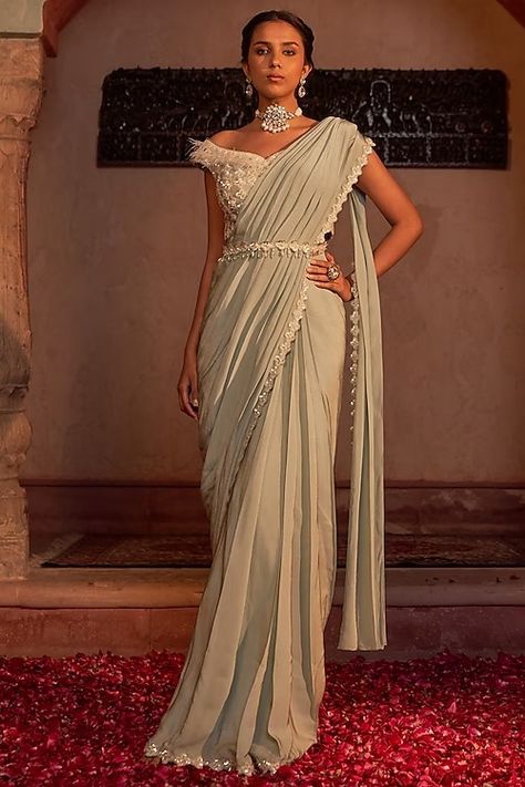 Nidhika Shekhar - Buy Sarees, Lehenga, Anarkali Online Skirt Saree Drape, Drape Sari, Asian Couture, Indian Wardrobe, Sap Green, Bridal Sari, Draped Saree, Indian Sari Dress, Women Fashion Ideas