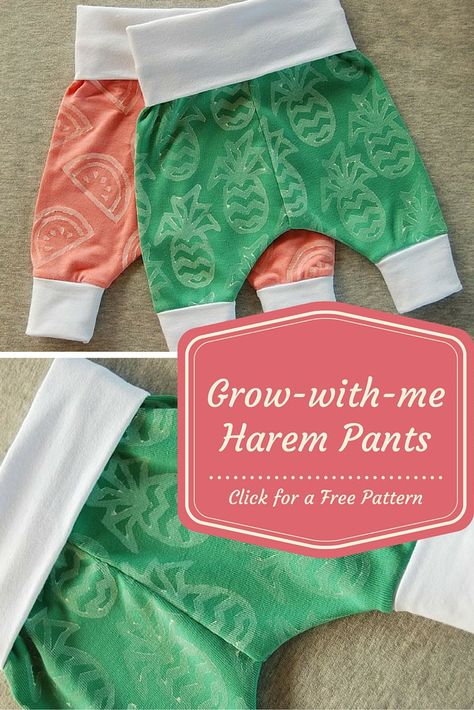 Grow-with-me Harem Pants [free pattern] Baby Harem Pants Pattern, Harem Pants Pattern, Couture Bb, Baby Harem Pants, Fashionable Kids, Diy Baby Clothes, Diy Bebe, Baby Sewing Projects, Baby Clothes Patterns