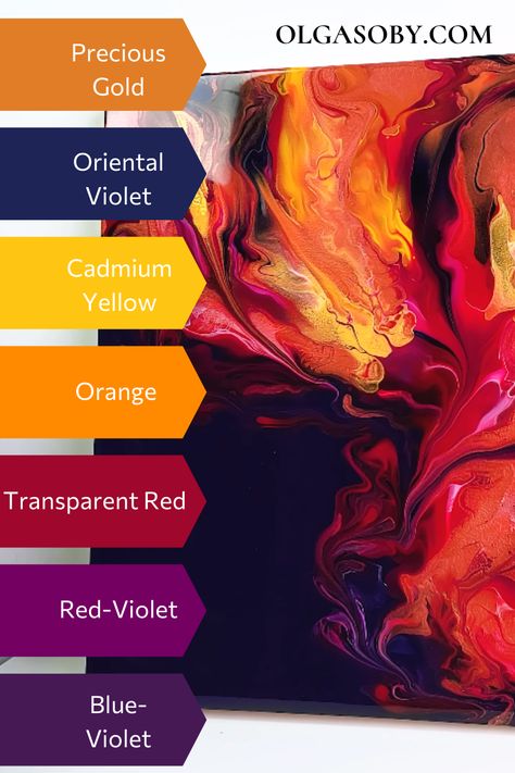 Gold Red Color Palette, Unique Colour Palette, Fluid Art Color Combinations, Paint Pouring Color Combinations, Colour Wheel Theory, Olga Soby, Paint Color Combos, Red Color Palette, Hot Colors