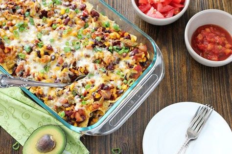 Cheesy Taco Casserole Vegan Taco Casserole, Mexican Feast, Vegetarian Taco, Vegetarian Casserole, Eat More Plants, Bean Tacos, Taco Bake, Vegetarian Tacos, Taco Casserole