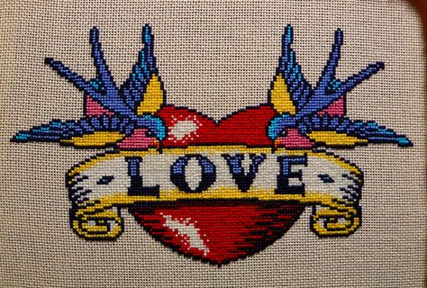 tattoo cross stitch Tattoo Style Cross Stitch Pattern, Cross Stitch Tattoo, Tattoo Cross, Grandmother Quilt, Nerd Crafts, Cross Stitch Boards, Current Obsession, Cross Stitch Love, Stitch Ideas