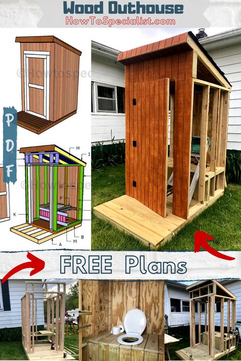 This is a step by step tutorial on how to build a wooden outhouse. The free plans come with 3D diagrams and a full Cut & Shopping lists. PDF download and Print friendly. #outhouse #outhouseplans #buildanouthouse Outhouse Plans How To Build, How To Build An Outhouse, Outhouse Diy, Wooden Outhouse, Diy Outhouse, Outhouse Design, Outhouse Ideas, Cedar Projects, Building An Outhouse