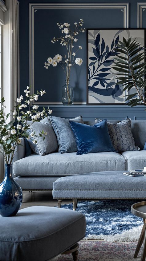 Grey Couch Living Room Silver Sofa Living Room Colour Schemes, Light Gray Leather Couch Living Room, Grey Blue Living Room Ideas, Blue Grey Couch Living Room, Denim Sofa Living Room, Silver Sofa Living Room, Grey Blue Sofa, Blue Grey Couch, Modern Grey Couch Living Room