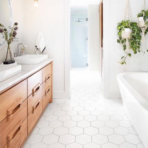 White Hexagon Tile Bathroom, Hexagon Tile Bathroom Floor, Hexagon Tile Bathroom, White Hexagon Tiles, Hexagon Floor, Hexagon Tile, Upstairs Bathrooms, Bathroom Floor Tiles, Bathroom Renos