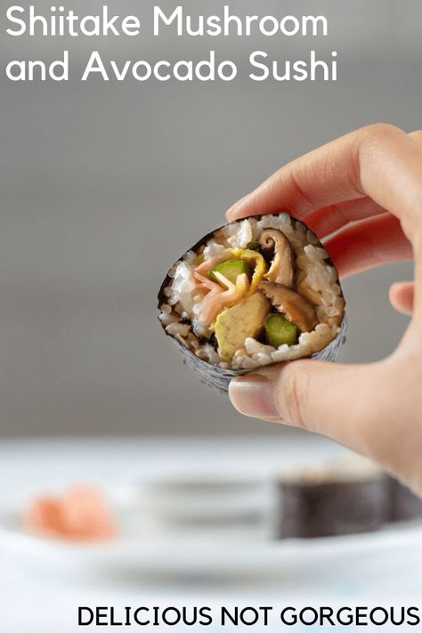 This shiitake mushroom and avocado sushi might not be a "traditional" roll, but umami rich mushrooms and creamy avocado make it addictive. #mushrooms #avocado #sushi #vegetarian Mushroom Sushi, Sushi Vegetarian, Avocado Sushi, Vegetarian Sushi, Persian Cucumber, Roll Recipes, Avocado Slices, Sushi Roll, Shiitake Mushroom