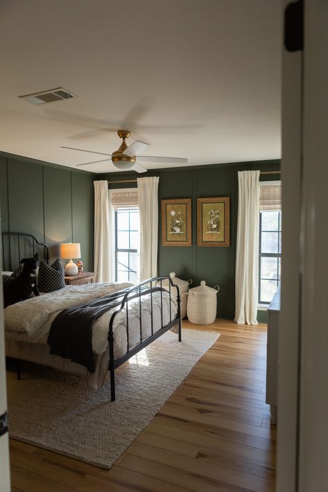 Dark green master bedroom with board and batten. Deep Moody Bedroom, House Design Moody, Perfect Bedroom Master Suite, Light Bedroom Dark Accents, Dark Green Walls Bedroom Decor, Front Entry Paint Colors Inside, Green Accent Wall Master Room, Dark Decor Bedroom Ideas, Edgy Green Bedroom