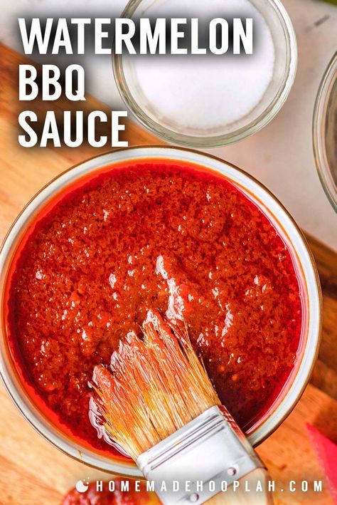 Watermelon BBQ Sauce! This summer-infused and grill-friendly watermelon bbq sauce is made from a blend of fresh watermelon, brown sugar, balsamic and apple vinegar, and seasonings. | HomemadeHooplah.com Watermelon Bbq Sauce, Watermelon Bbq, Baked Bbq Ribs, Chip Recipe, Homemade Bbq Sauce Recipe, Tortilla Chip Recipe, Watermelon Salsa, Tortilla Chip, Barbecue Sauce Recipes