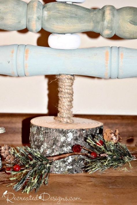 Spindle Tree Christmas, Spindle Christmas Tree, Spindle Snowmen, Spindle Crafts, Old Wooden Chairs, Country Chic Paint, Chair Parts, Hemp Twine, Wood Christmas Tree