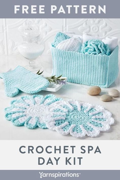 Treat a loved one to a custom spa package with these essentials, crocheted in Bernat Handicrafter Cotton. This free crochet pattern includes instructions for a handmade bath mitt, scrubby, bath pouf, facecloth and stash basket. #Yarnspirations #Bernat #BernatHandicrafter #FreeCrochetPattern #HomeSpa #SpaAtHome #GiftIdea Mothers Day Spa, Crochet Scrubbies, Diy Holiday Gifts, Crochet Kitchen, Crochet Home Decor, Spa Kit, Crochet Home, Crochet Accessories, Crochet Gifts