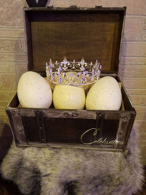 Game of Thrones Baby Shower  | CatchMyParty.com Game Of Thrones Gender Reveal, Game Of Thrones Baby Shower Ideas, Dragon Baby Shower, Game Of Thrones Theme, Baby Shower Themes For Boys, Game Of Thrones Party, Baby Is Coming, Themed Baby Shower Ideas, Surprise Baby Shower