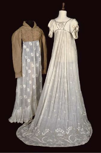 A smart caramel-coloured wool spencer with shawl collar and frogging; and a fine net overgown tamboured with daisy motif to hem and neckline All circa 1800-1815 Christie's 1820 Fashion, Regency Gown, Regency Era Fashion, 1800s Fashion, Regency Dress, Regency Fashion, 19th Century Fashion, Period Outfit, Large Image