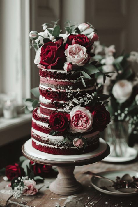 red velvet Naked Wedding Cake with flowers Naked Wedding Cake Ideas, Fancy Treats, Red Velvet Wedding Cake, Blue Hydrangea Wedding, 50th Anniversary Cakes, Bridal Cake, Fall Wedding Color Palette, Wedding Cake Ideas, Floral Wedding Cakes