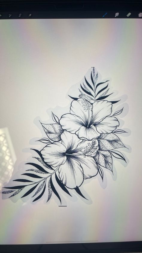 Costa Rican Flower Tattoo, Ohana Hibiscus Tattoo, Tropical Beach Tattoo, Hibiscus Tattoo Stencil, Hawaiian Islands Tattoo, Tropical Tattoos For Women, Delphinium Tattoo, Lilly Flower Tattoo, Water Tattoos