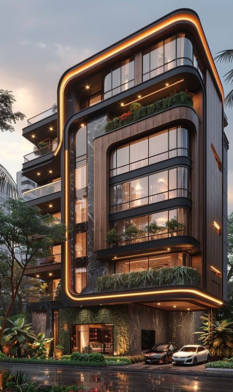 Aesthetic Office Building, Apartment Elevation Design Architecture, Modern Hotel Design Exterior, Hotel Elevation Exterior, Hotel Exterior Design Facades, Modern Commercial Design Exterior, Commercial Residential Building Design, Luxury Building, Apartment Facade Design Modern