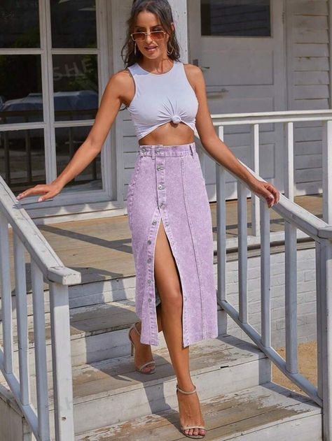 SHEIN Essnce Button Front Denim Skirt | SHEIN USA Purple Denim Skirt, Straight Skirt Outfits, Purple Denim, Button Front Denim Skirt, Denim Skirt Outfits, Denim Skirt Women, Denim Skirts, Long Skirts, Denim Midi Skirt