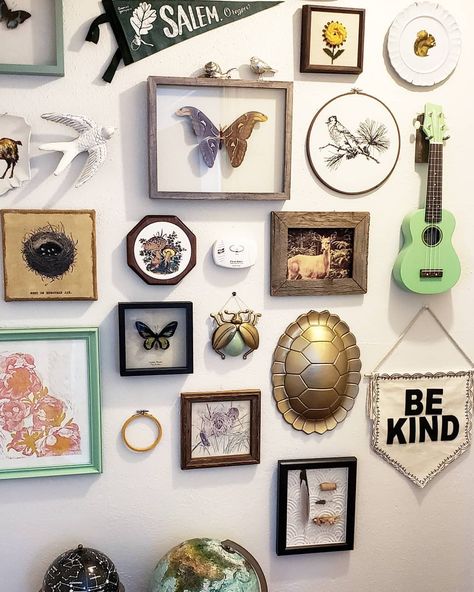 Gallery Wall With Other Items, Mixed Metals Gallery Wall, Cool Gallery Wall, Mixed Media Gallery Wall Ideas, Curio Wall, Boho Gallery Wall Bedroom, Wall Collage Boho, Mixed Media Gallery Wall Living Room, Whimsigothic Gallery Wall