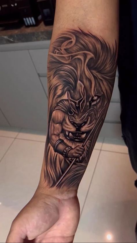 Forearm Tattoo Men Spartan, Leo Tattoo Ideas Men, Tattoo Themes Men, Lion Forearm Tattoo For Men, Lion Tattoo Design Male Arm, Lion Tattoo Forearm, Lion Warrior Tattoo, Lion Tattoo Men, Arrow Tattoo Arm