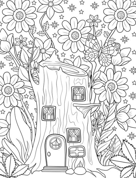 Bookish Coloring Pages, Cottage Core Coloring Pages, Colouring Pages For Adults Printable Free, Tree House Coloring Pages, Coloring Book Art Free Printable, Cottagecore Coloring Pages, Fairy Tale Coloring Pages, Diy Coloring Book, Nature Coloring Pages