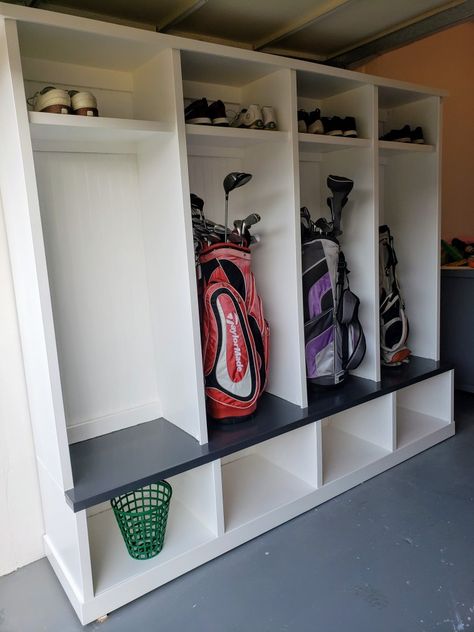 Sports Mudroom Ideas, Sports Mudroom, Garage Hockey Storage, Garage Golf Storage, Garage Locker Storage, Garage Cubbies, Hockey Garage, Hockey Storage, Golf Bag Storage