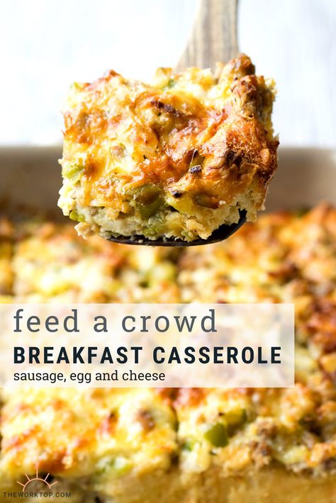 Looking for a brunch idea to feed a crowd? Make this easy Sausage and Egg Breakfast Casserole. This make ahead breakfast recipe is so easy and can be prepped the night before. Everyone will want a slice of this cheesy sausage and egg breakfast casserole. Recipe on www.theworktop.com. || #breakfast #brunch #casserole #sausage #egg #cheese #recipe Sausage And Egg Breakfast Casserole, Sausage Egg Breakfast Casserole, Sausage And Egg Breakfast, Egg Breakfast Casserole, Brunch Casserole Recipes, Egg Benedict, Breakfast Egg Casserole, Best Sausage, Breakfast For A Crowd