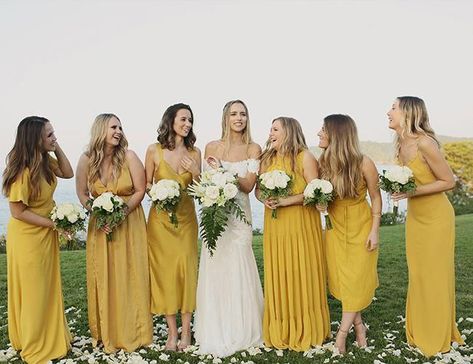 yellow bridesmaids dresses | A Relaxed Marigold Wedding in Sayulita, Mexico - Inspired By This Mustard Bridesmaid Dresses, Mustard Yellow Wedding, Marigold Bridesmaid Dress, Marigold Wedding, Wedding Dresses 50s, Petite Wedding Dress, Yellow Bridesmaid Dresses, Yellow Dresses, Yellow Bridesmaids