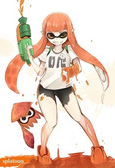 1girl bike_shorts copyright_name grin highres inkling long_hair mask orange_eyes orange_hair paint pointy_ears shirt short_sleeves smile solo splatoon squid super_soaker tentacle_hair torn_clothes torn_shorts yukihama Inkling Splatoon, Splatoon Game, Long Hair Mask, Tentacle Hair, Inkling Girl, Squid Girl, Splatoon Squid, Super Soaker, Torn Clothes